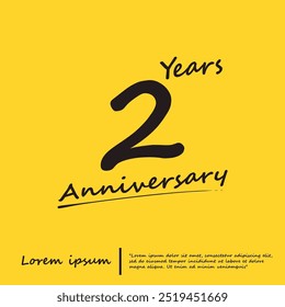 2nd years anniversary celebration emblem logo isolated with line art - stroked handwriting on yellow background. vector illustration template design for web, flyers, poster, greeting