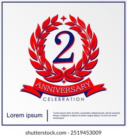 2nd years anniversary celebration emblem. anniversary logo isolated with red ribbon and laurel wreath. vector illustration template design for web, flyers, poster, greeting