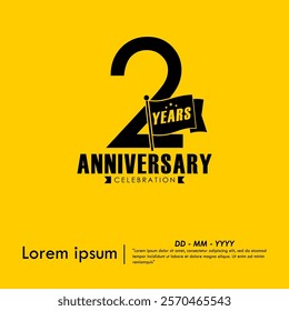 2nd years anniversary celebration emblem. anniversary logo isolated with flag pole on yellow background. vector illustration template design for web, flyers, poster, greeting card