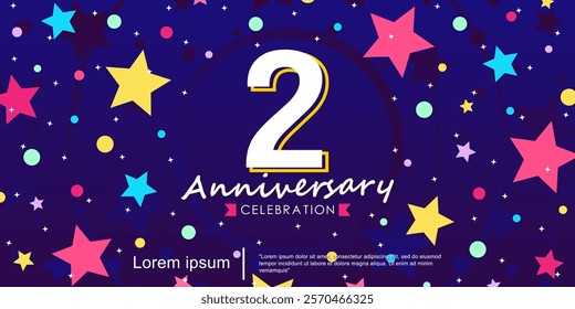 2nd years anniversary celebration emblem. anniversary logo isolated with ribbon and stars twinkle sparkle. vector illustration template design for web, flyers, poster, invitation card, greeting card
