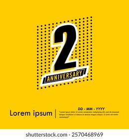 2nd years anniversary celebration emblem. anniversary logo isolated with ribbon and polka dots pattern on yellow background. vector illustration template design for web, flyers, poster, greeting card