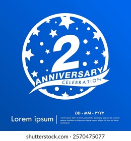 2nd years anniversary celebration emblem. white anniversary logo isolated with ribbon and stars ball on blue background. vector illustration template design for web, flyers, poster, greeting card