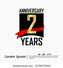 2nd years anniversary celebration emblem. elegant golden anniversary logo isolated with red ribbon on white background. vector illustration template design for web, flyers, poster, greeting card