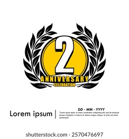 2nd years anniversary celebration emblem. anniversary logo isolated with laurel wreath on white background. vector illustration template design for web, flyers, poster, invitation card, greeting card