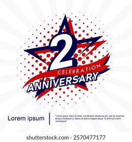 2nd years anniversary celebration emblem. anniversary star logo isolated with red ribbon and star. vector illustration template design for web, flyers, poster, invitation card, greeting card