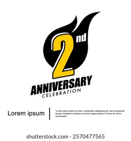 2nd years anniversary celebration emblem. anniversary logo isolated with sparks - fireball on black background. vector illustration template design for web, flyers, poster, greeting card