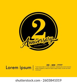 2nd years anniversary celebration emblem. black anniversary logo isolated with handwriting and ribbon on yellow background. vector illustration template design for web, flyers, poster, greeting card