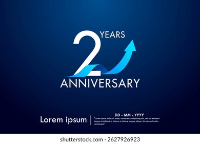2nd years anniversary celebration emblem. anniversary logo isolated with arrow growth up and blue ribbon on dark blue background. vector illustration template design for web, flyers, poster, greeting