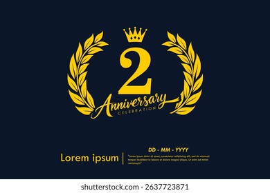 2nd years anniversary celebration emblem. yellow anniversary logo isolated with laurel wreath and crown on dark background. vector illustration template design for web, flyers, poster, greeting card