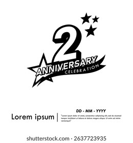 2nd years anniversary celebration emblem. black anniversary logo isolated with ribbon and stars on white background. vector illustration template design for web, flyers, poster, greeting card