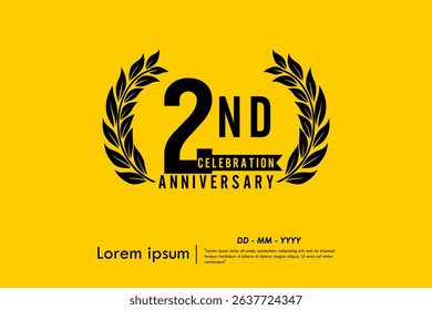2nd years anniversary celebration emblem. anniversary logo isolated with laurel wreath and ribbon on yellow background. vector illustration template design for web, flyers, poster, greeting card