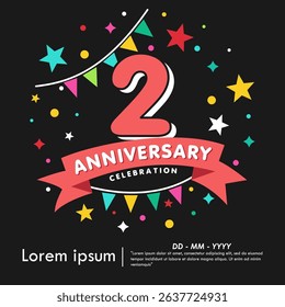 2nd years anniversary celebration emblem. anniversary logo isolated with colorful stars and bunting flag and ribbon. vector illustration template design for web, flyers, poster, invitation card