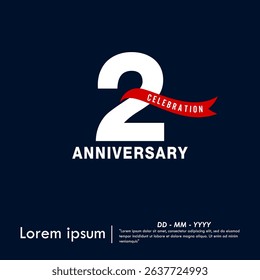 2nd years anniversary celebration emblem. elegant anniversary logo isolated with red ribbon on dark blue background. vector illustration template design for web, flyers, poster, invitation card