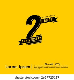 2nd years anniversary celebration emblem. black logo isolated with ribbons on yellow background. vector illustration template design for web, flyers, poster, greeting card and invitation card