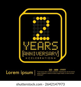 2nd years anniversary celebration emblem. yellow anniversary logo isolated medal badge of digital dotted with letters, numbers on black background. vector illustration template design for web banner