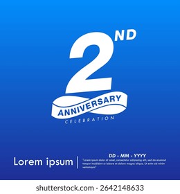 2nd years anniversary celebration emblem. white anniversary logo isolated with infinity circle ribbon on blue background. vector illustration template design for web, flyers, poster, greeting card