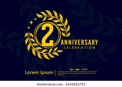 
2nd years anniversary celebration emblem. congratulations anniversary yellow logo with laurel wreath and stars on dark background. vector illustration template design for web banner