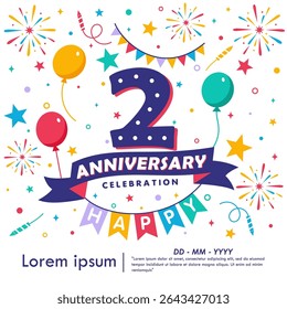 2nd years anniversary celebration emblem. congratulations anniversary logo isolated with balloons, bunting flag, ribbon, fireworks and stars. vector illustration template design for web banner