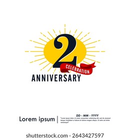 2nd years anniversary celebration emblem. congratulations anniversary logo isolated with red ribbon and starburst on white background. vector illustration template design for web banner