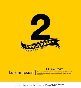 2nd years anniversary celebration emblem. black logo isolated with ribbon on yellow background. vector illustration template design for web, flyers, poster, greeting card and invitation card