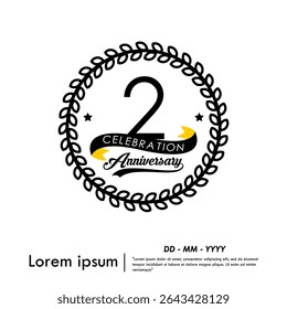 2nd years anniversary celebration emblem. congratulation anniversary logo medal isolated with laurel wreath and ribbon on white background. vector illustration template design for web banner