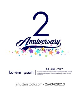2nd years anniversary celebration emblem. congratulations anniversary logo isolated with ribbon and colorful stars on white background. vector illustration template design for web banner