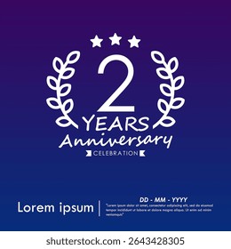 2nd years anniversary celebration emblem. congratulations anniversary logo isolated with laurel wreath and stars and ribbon on dark blue background. vector illustration template design for web banner