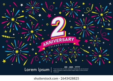 2nd years anniversary celebration emblem. congratulations anniversary logo isolated with colorful fireworks and stars sparkle and ribbon. vector illustration template design for web banner