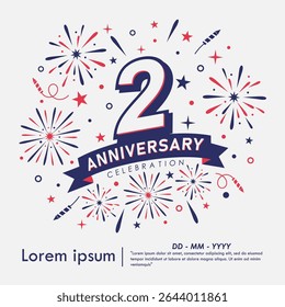 2nd years anniversary celebration emblem. anniversary logo isolated with fireworks and stars sparkle and ribbon. vector illustration template design for web, flyers, poster, greeting card