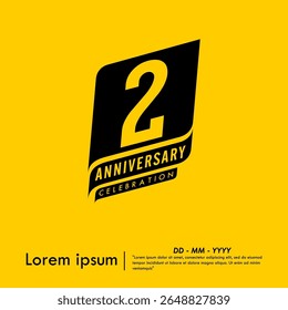 2nd years anniversary celebration emblem. congratulations anniversary black logo isolated with ribbons on yellow background. vector illustration template design for web banner.