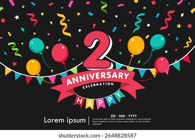 Emblème de célébration du 2e anniversaire. félicitations logo anniversaire isolé avec des confettis colorés, drapeau de bruant, ballons et ruban. conception de template d'illustration vectorielle pour la bannière de web