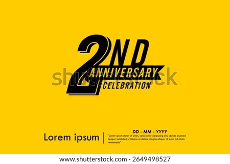 2nd years anniversary celebration emblem. black logo isolated with ribbon on yellow background. vector illustration template design for web, flyers, poster, greeting card and invitation card