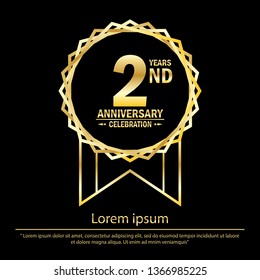 2nd years anniversary celebration. anniversary logo with golden jagged edge ring elegance isolated on black background, vector template design for celebration greeting card and invitation card