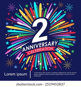 2nd years anniversary celebration logo isolated with ribbon, stars and fireworks sparkle twinkle. vector illustration template design for web, flyers, poster, invitation card or greeting card