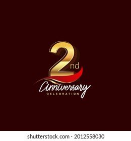 2nd years anniversary celebration logotype. Anniversary logo with red feather and golden color isolated on elegant background, vector design for celebration, invitation card, and greeting card