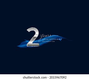 2nd Years Anniversary celebration logotype silver colored with blue ribbon and isolated on dark blue background