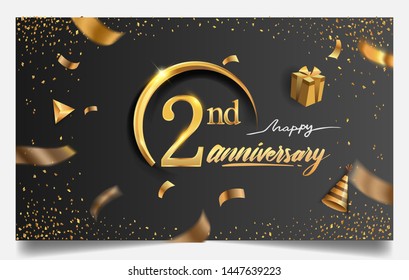 2nd years anniversary design for greeting cards and invitation, with balloon, confetti and gift box, elegant design with gold and dark color, design template for birthday celebration.