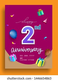 2nd Years Anniversary invitation Design, with gift box and balloons, ribbon, Colorful Vector template elements for birthday celebration party.