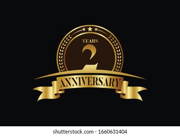 Plantilla del logo del 2do aniversario, celebración del cumpleaños de diseño vectorial, emblema del aniversario de oro con cinta. Diseño de un folleto, folleto, revista, folleto, póster, web, invitación o saludo