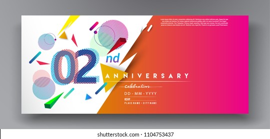 2nd years anniversary logo, vector design birthday celebration with colorful geometric background and circles shape.