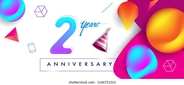 2nd years anniversary logo, vector design birthday celebration with colorful geometric background and futuristic elements