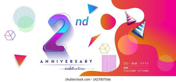 2nd years anniversary logo, vector design birthday celebration with colorful geometric background and circles shape.