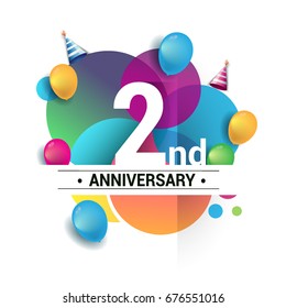 2nd years anniversary logo, vector design birthday celebration with colorful geometric, Circles and balloons isolated on white background.