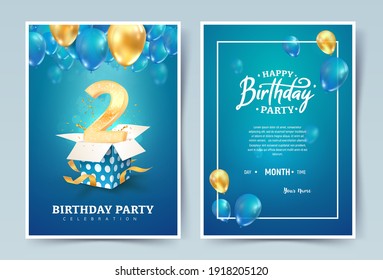 2nd years birthday vector invitation double card. Two years anniversary celebration brochure. Template of invitational for print on blue background
