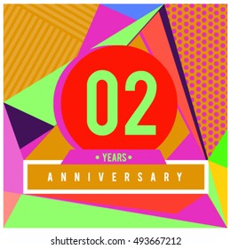 2nd years greeting card anniversary with colorful number and frame. logo and icon with Memphis style cover and design template. Pop art style design poster and publication.