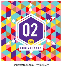 2nd years greeting card anniversary with colorful number and frame. logo and icon with Memphis style cover and design template