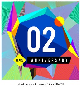 2nd years greeting card anniversary with colorful number and frame. logo and icon with Memphis style cover and design template