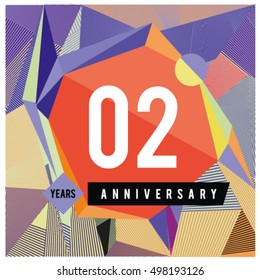 2nd years greeting card anniversary with colorful number and frame. logo and icon with Memphis style cover and design template