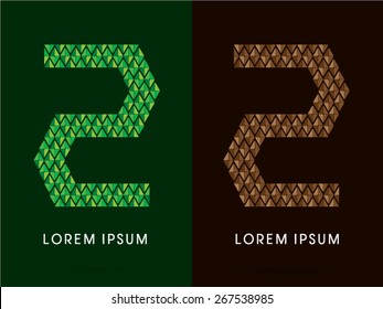 2,Number, font, concept leaf and rock, designed using green and brown colors tone geometric shape on dark background, sign ,logo, symbol, icon, graphic, vector.