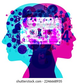 A 2-person side back-to-back silhouette, overlaid with various semi-transparent numerals and linked circular shapes. A large graphic "Retro Audio Cassette Tape" graphic is overlaid horizontally.